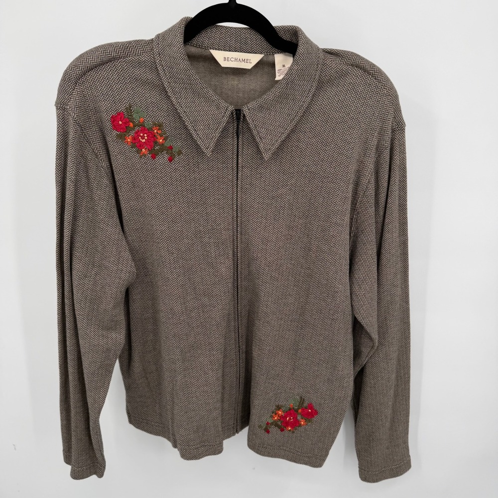 BECHAMEL Women's Size XL Jacket Embroidered Herringbone Zip Front Collared